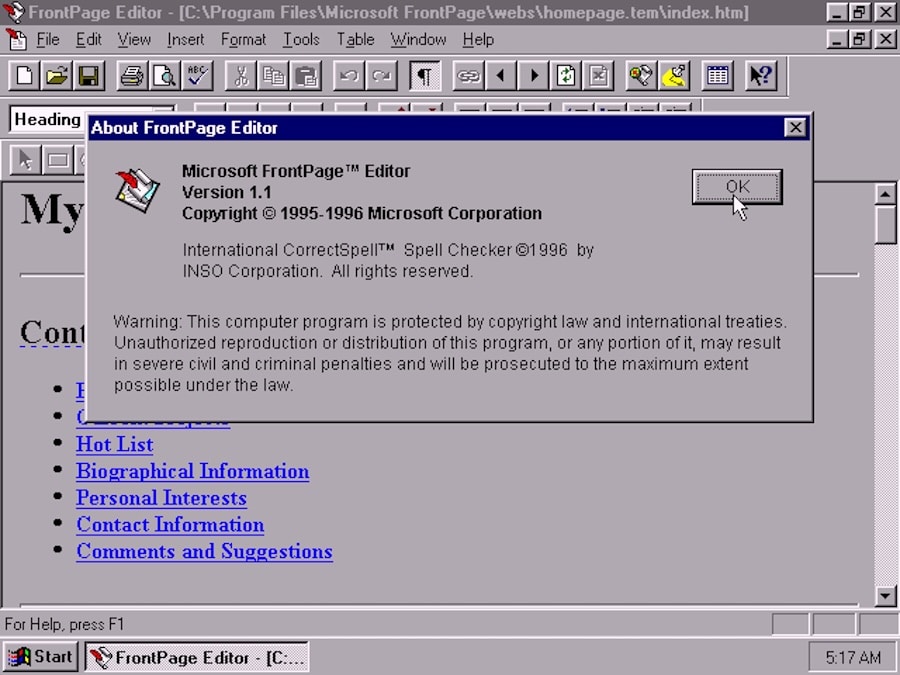 Captura de Microsoft Frontpage 1.1