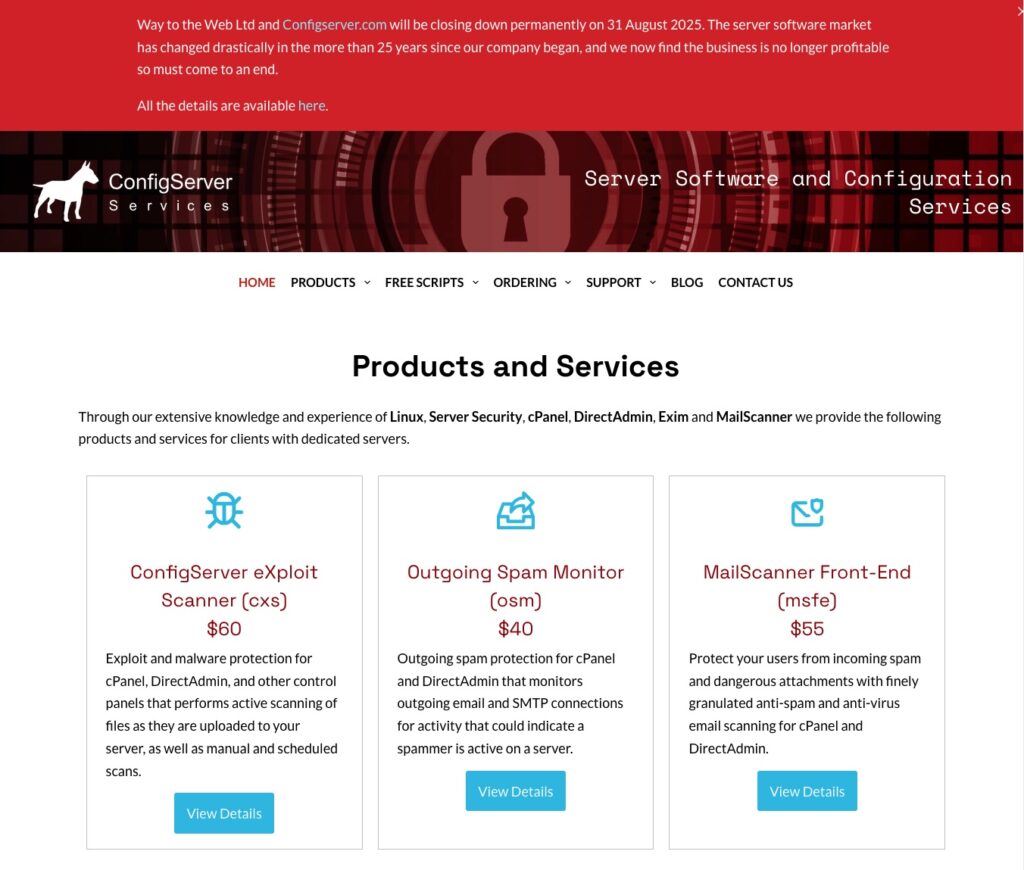 ConfigServer cesará su actividad el 31 de agosto de 2025 y dejará sin soporte sus herramientas de ciberseguridad | configserver down web