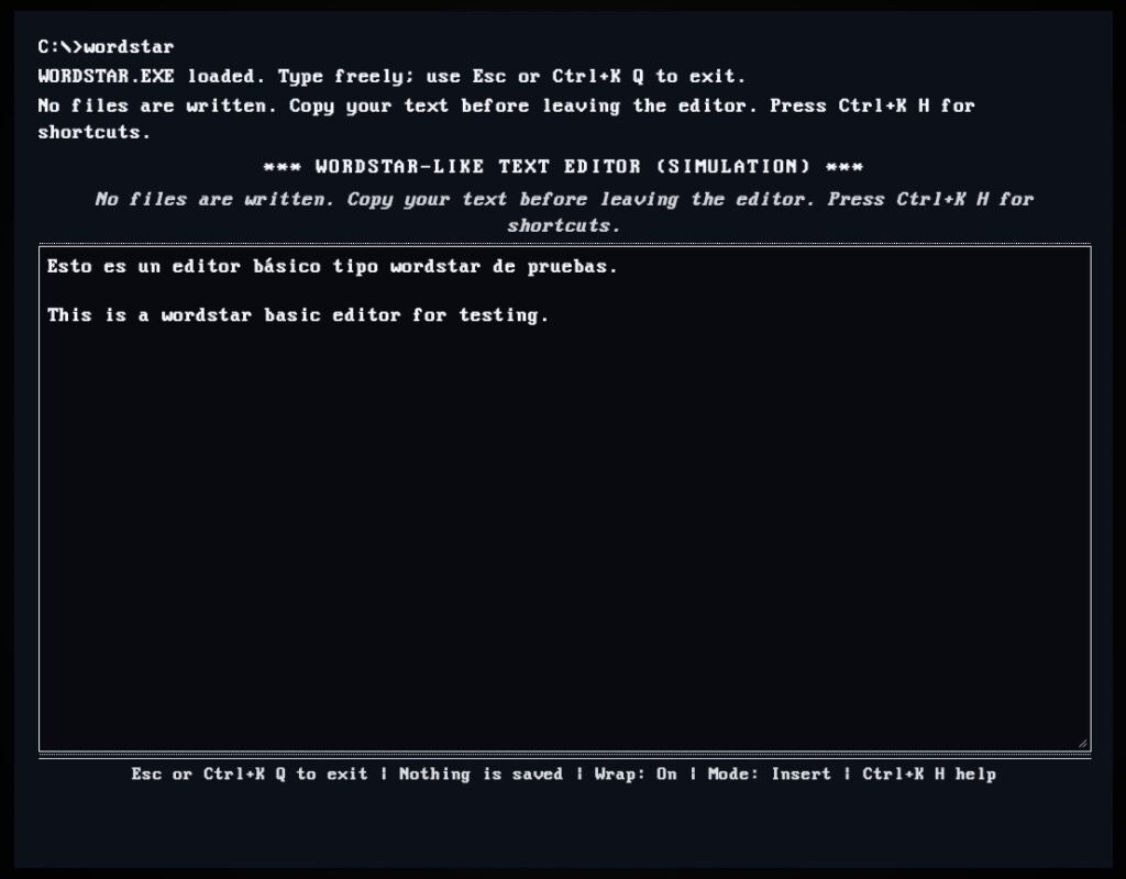 WebDOS 0.1: un “DOS” en el navegador, 100 % offline y con alma retro — SNAKE, “WordStar” y un sistema de archivos persistente | wordstar webdos
