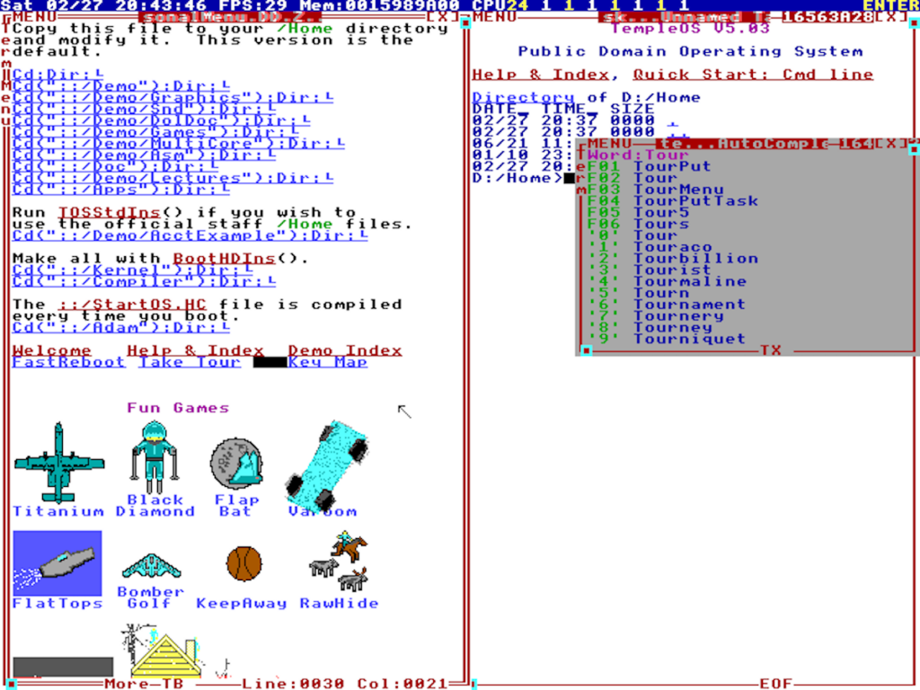 TempleOS: el sistema operativo escrito por un solo hombre para hablar con Dios | VirtualBox TempleOS x64 27 02 2021 20 43 48
