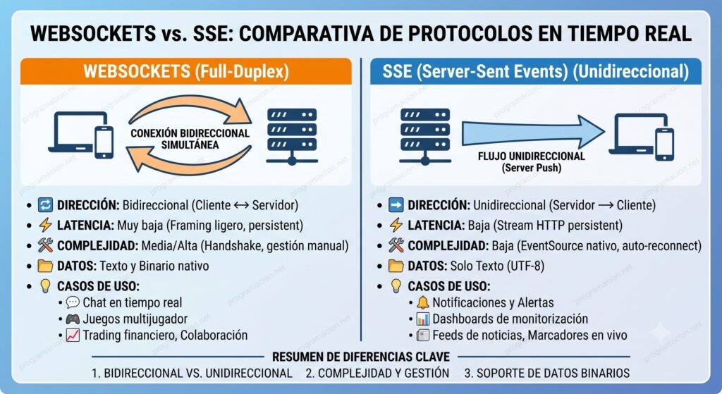 WebSockets vs SSE: el error está en elegir “tiempo real” antes que arquitectura | websockets vs sse tabla