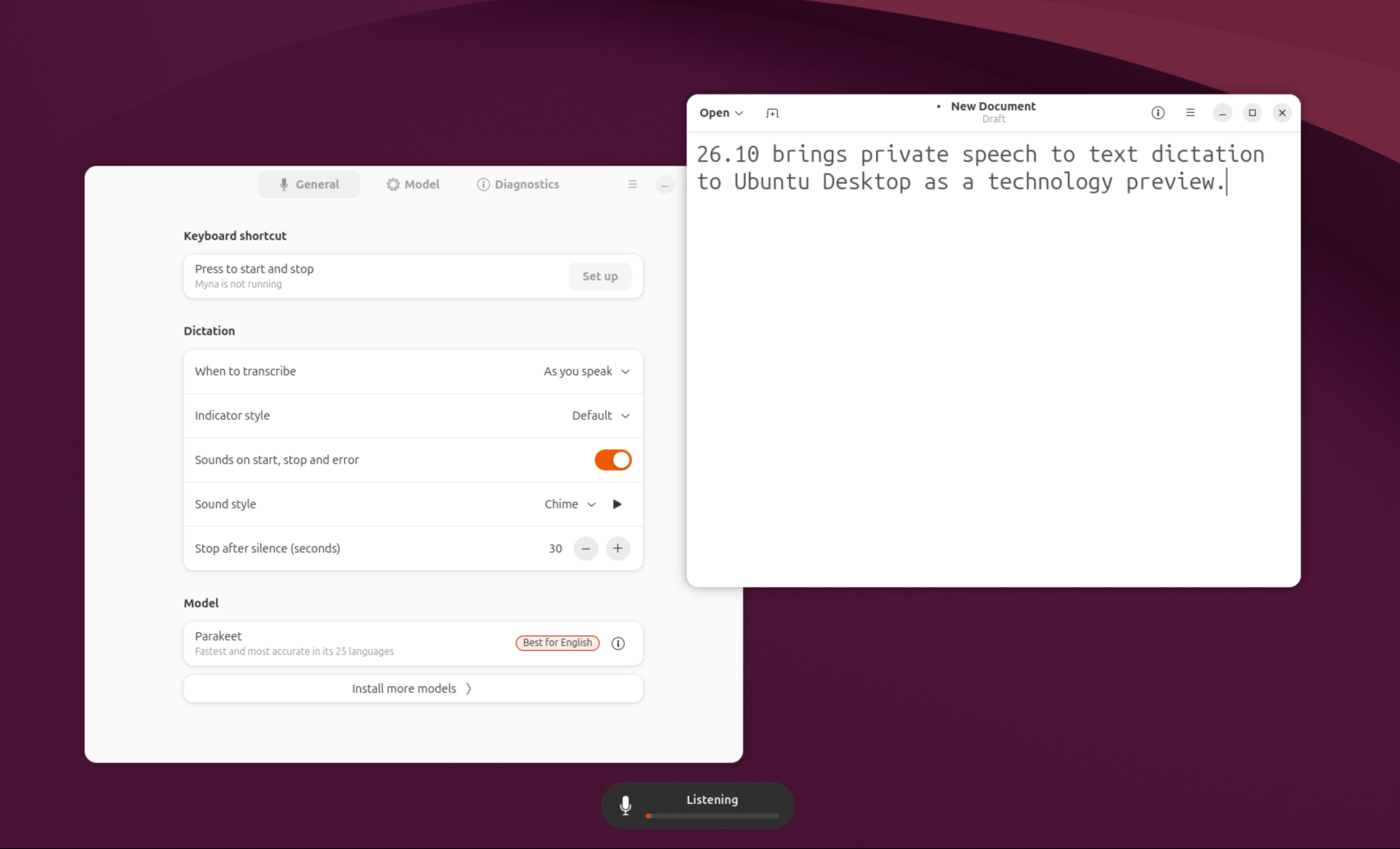 Ajustes de Myna, el dictado por voz local de Ubuntu 26.10