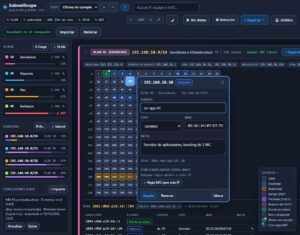 Captura de SubnetScope con la cuadrícula de IPs de una subred y la ficha de una dirección