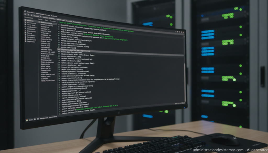 Administración de Sistemas. Inicio Terminal de Linux actualizando paquetes del kernel con un rack de servidores al fondo