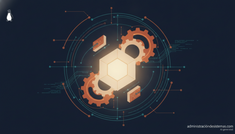 Ilustración de engranajes color óxido integrándose en el núcleo de un sistema operativo, en referencia al código Rust de Linux 7.4