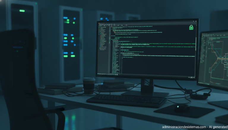Terminal de un administrador de sistemas con un icono de candado junto a servidores