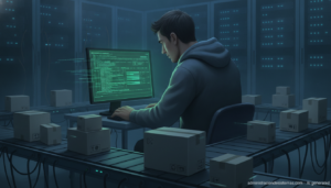 Administrador de sistemas aplicando actualizaciones de paquetes en una sala de servidores