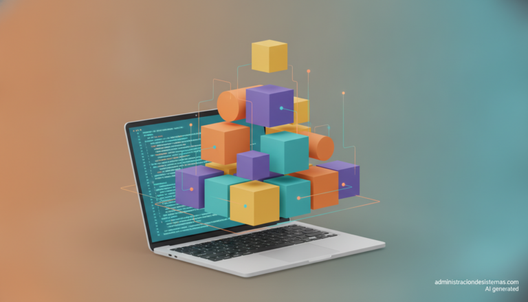 Bloques modulares que representan las librerías de TanStack sobre un portátil con código